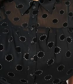 Unique Vintage Plus Size Black Flocked Sparkle Dot Caroline Blouse New Arrivals!