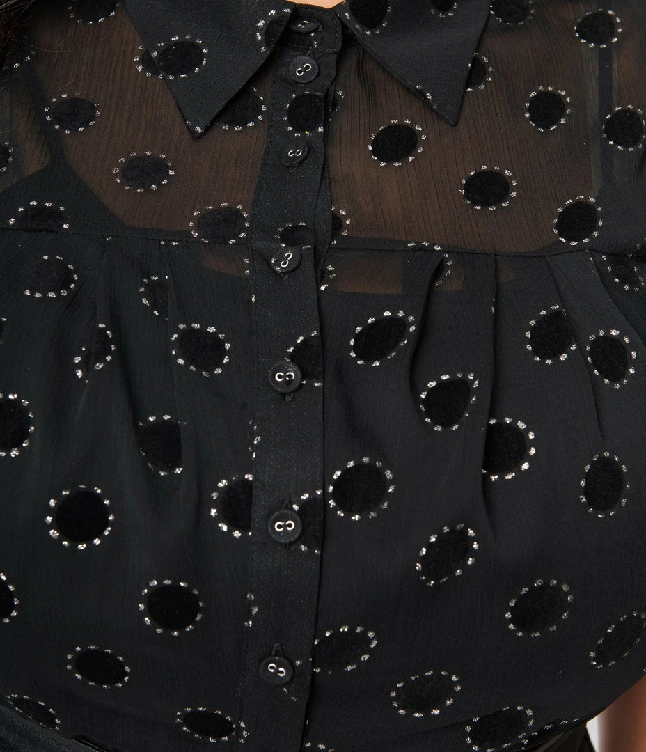 Unique Vintage Plus Size Black Flocked Sparkle Dot Caroline Blouse New Arrivals!
