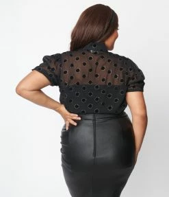 Unique Vintage Plus Size Black Flocked Sparkle Dot Caroline Blouse New Arrivals!