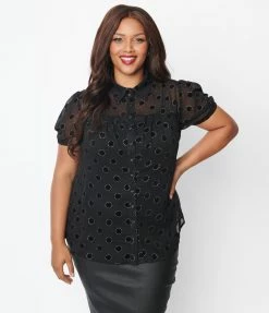 Unique Vintage Plus Size Black Flocked Sparkle Dot Caroline Blouse New Arrivals!