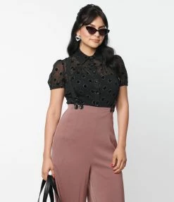 New Arrivals! Unique Vintage Black Flocked Sparkle Dot Caroline Blouse