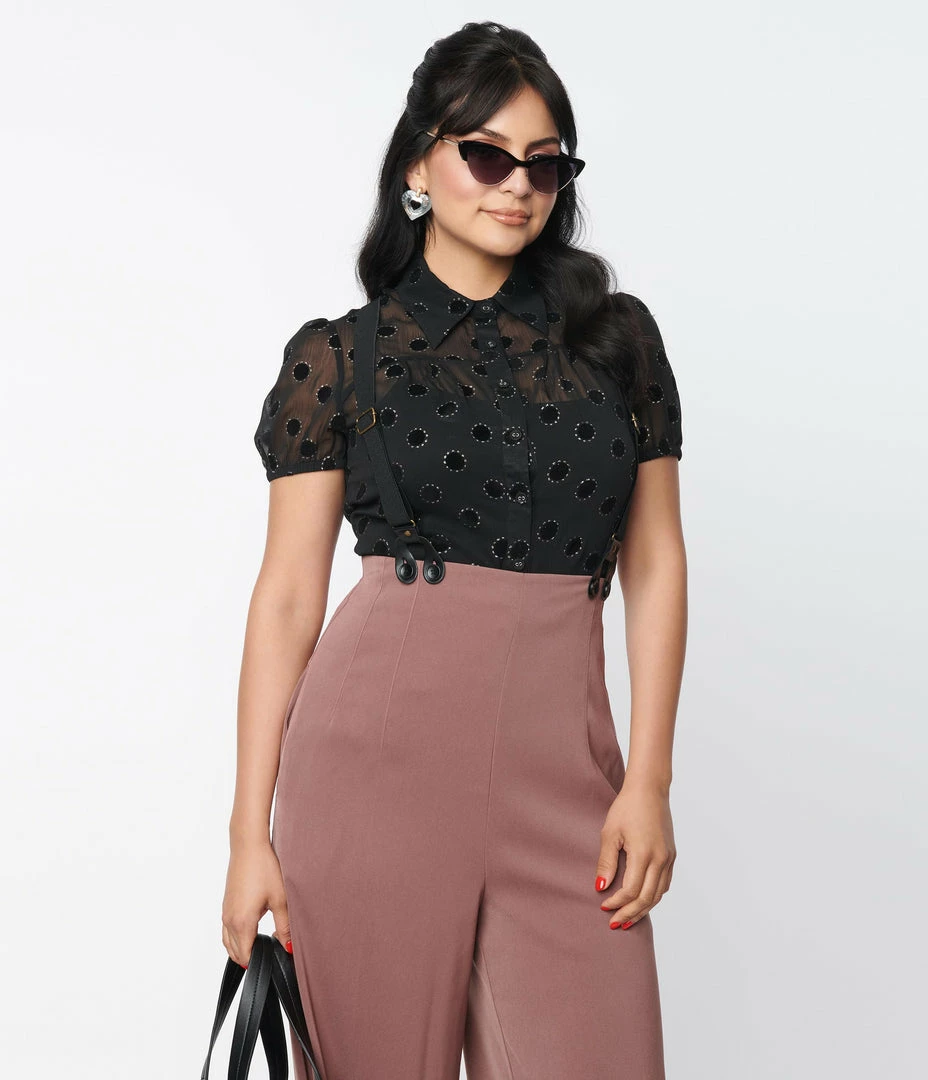 New Arrivals! Unique Vintage Black Flocked Sparkle Dot Caroline Blouse