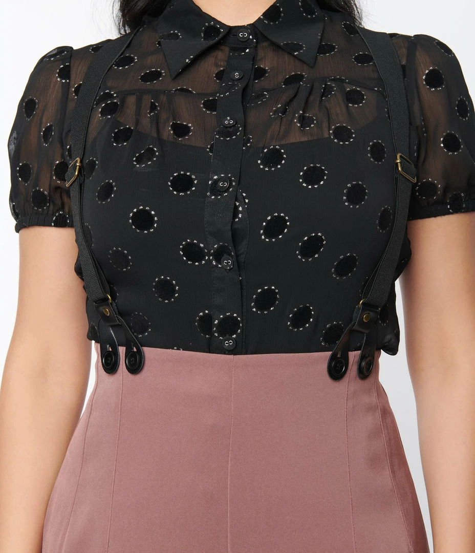 New Arrivals! Unique Vintage Black Flocked Sparkle Dot Caroline Blouse