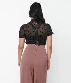 New Arrivals! Unique Vintage Black Flocked Sparkle Dot Caroline Blouse