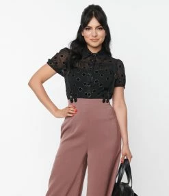 New Arrivals! Unique Vintage Black Flocked Sparkle Dot Caroline Blouse