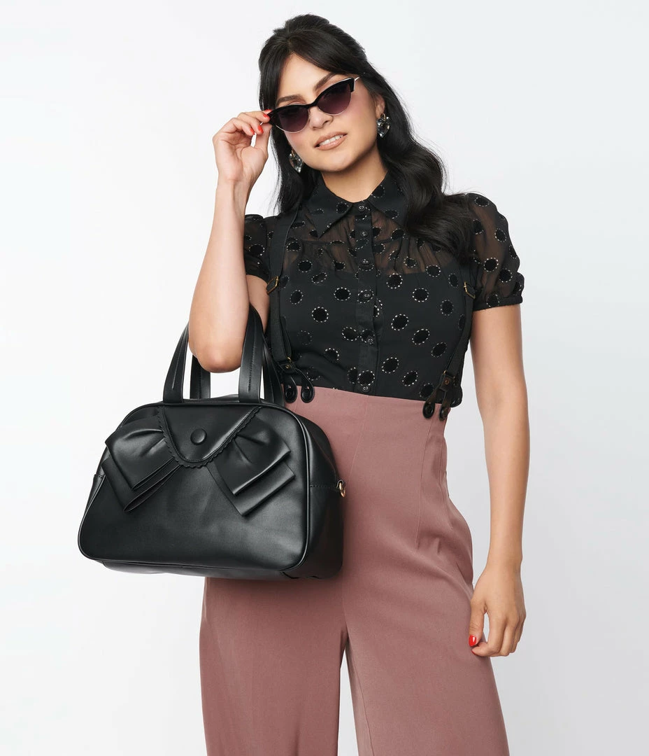 New Arrivals! Unique Vintage Black Flocked Sparkle Dot Caroline Blouse