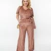 New Arrivals! Unique Vintage Plus Size Multi Orange Stripe Velvet Heddy Jumpsuit
