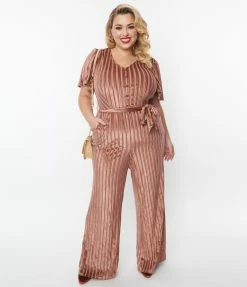 New Arrivals! Unique Vintage Plus Size Multi Orange Stripe Velvet Heddy Jumpsuit