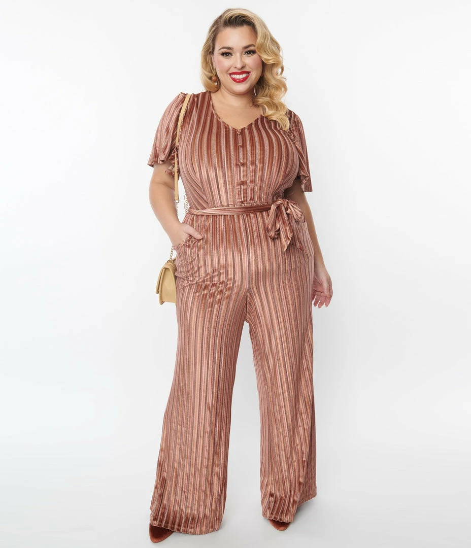 New Arrivals! Unique Vintage Plus Size Multi Orange Stripe Velvet Heddy Jumpsuit