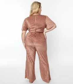 New Arrivals! Unique Vintage Plus Size Multi Orange Stripe Velvet Heddy Jumpsuit