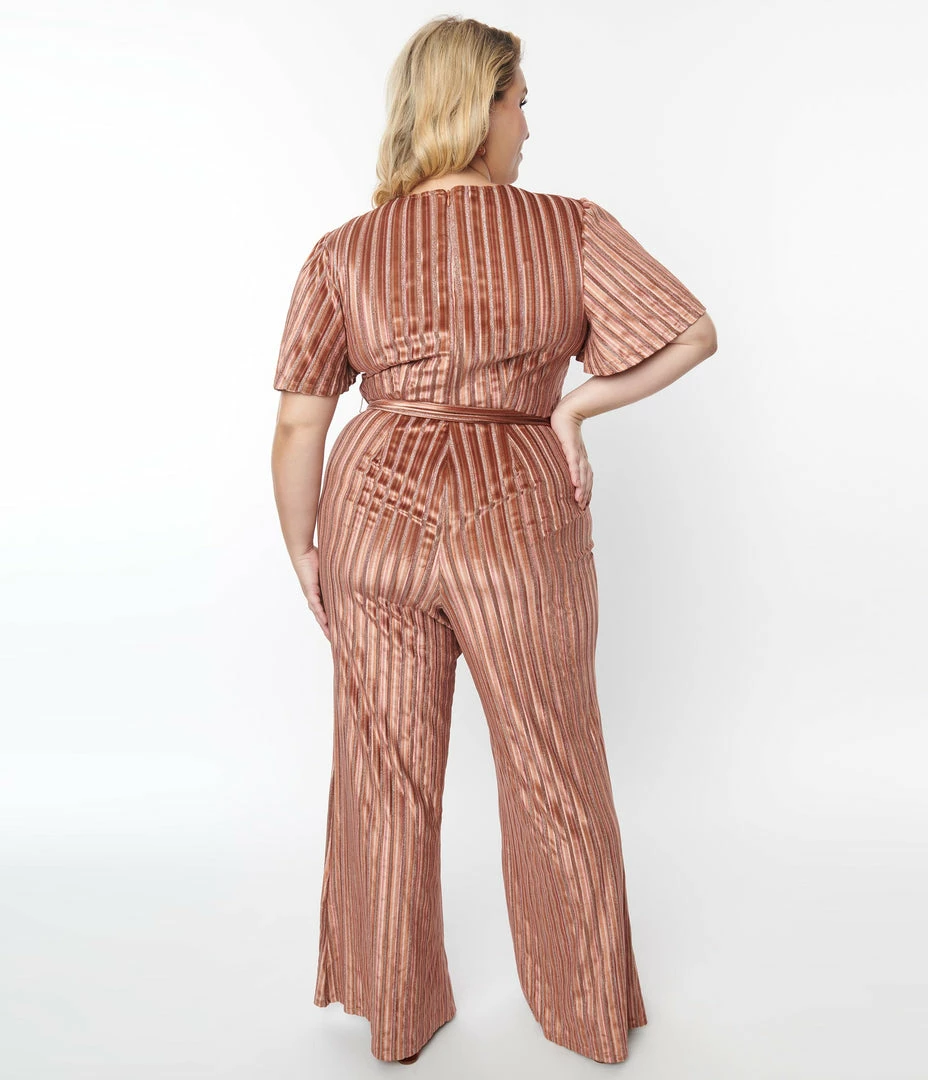 New Arrivals! Unique Vintage Plus Size Multi Orange Stripe Velvet Heddy Jumpsuit