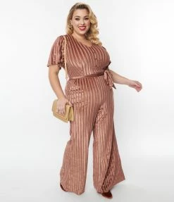 New Arrivals! Unique Vintage Plus Size Multi Orange Stripe Velvet Heddy Jumpsuit