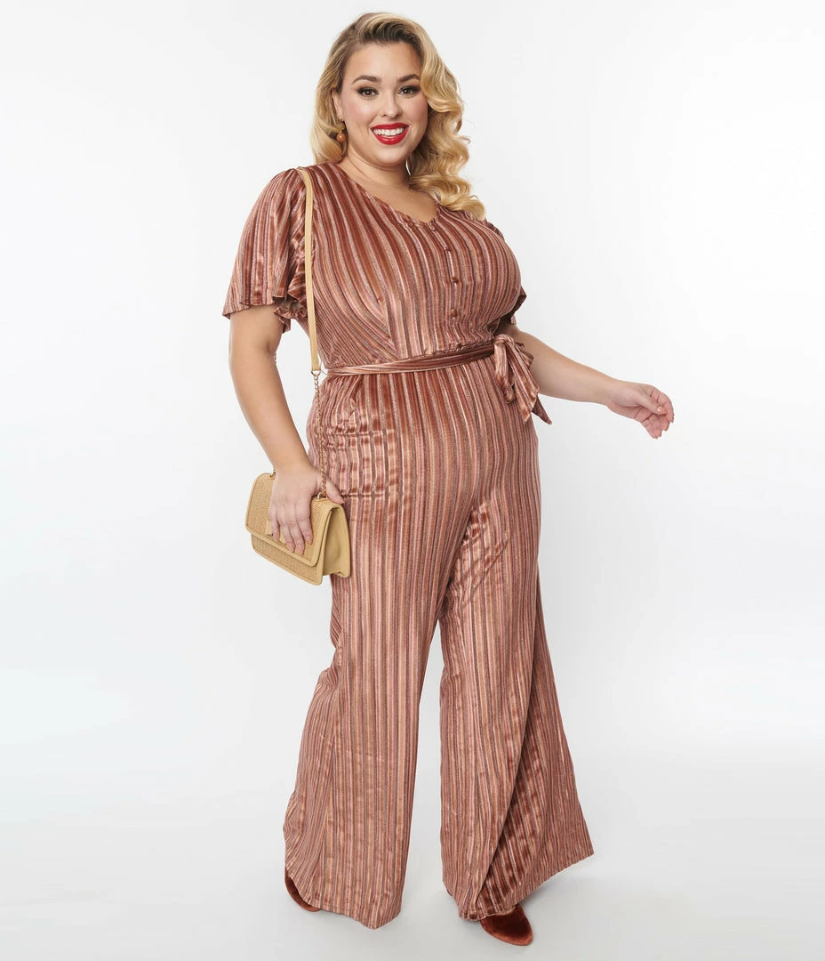 New Arrivals! Unique Vintage Plus Size Multi Orange Stripe Velvet Heddy Jumpsuit