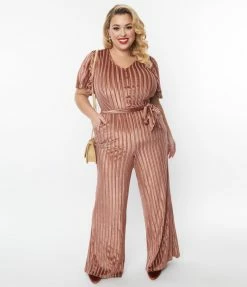 New Arrivals! Unique Vintage Plus Size Multi Orange Stripe Velvet Heddy Jumpsuit