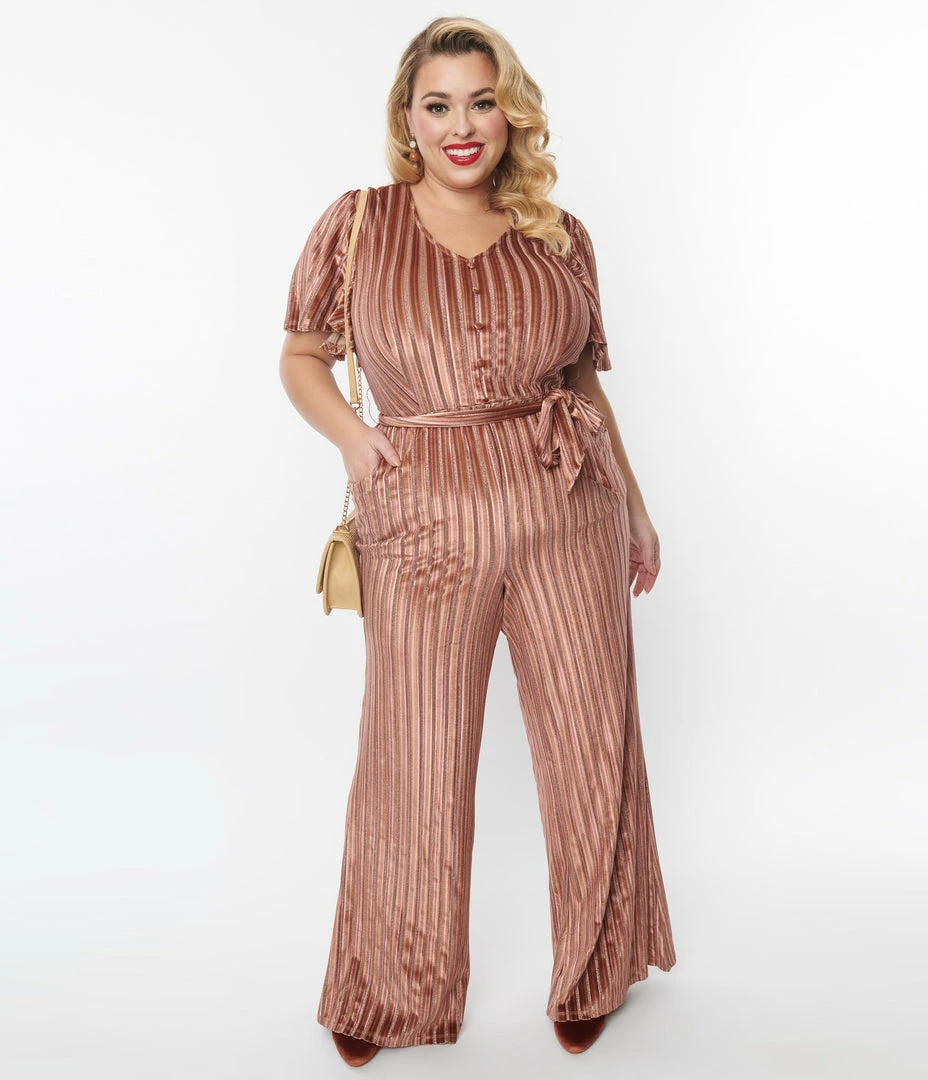 New Arrivals! Unique Vintage Plus Size Multi Orange Stripe Velvet Heddy Jumpsuit