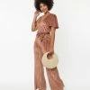 Unique Vintage Multi Orange Stripe Velvet Heddy Jumpsuit New Arrivals!