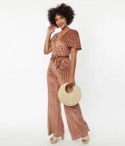 Unique Vintage Multi Orange Stripe Velvet Heddy Jumpsuit New Arrivals!