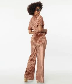 Unique Vintage Multi Orange Stripe Velvet Heddy Jumpsuit New Arrivals!
