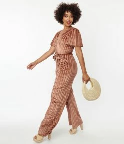 Unique Vintage Multi Orange Stripe Velvet Heddy Jumpsuit New Arrivals!