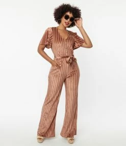 Unique Vintage Multi Orange Stripe Velvet Heddy Jumpsuit New Arrivals!