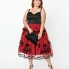 Unique Vintage Plus Size Black & Burgundy Carousel Bertie Swing Dress New Arrivals!