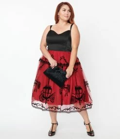 Unique Vintage Plus Size Black & Burgundy Carousel Bertie Swing Dress New Arrivals!