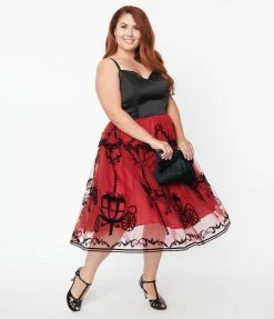 Unique Vintage Plus Size Black & Burgundy Carousel Bertie Swing Dress New Arrivals!