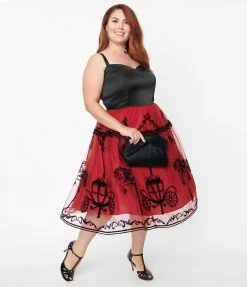 Unique Vintage Plus Size Black & Burgundy Carousel Bertie Swing Dress New Arrivals!