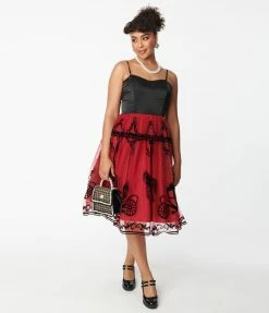 Unique Vintage Black & Burgundy Carousel Bertie Swing Dress New Arrivals!
