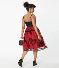 Unique Vintage Black & Burgundy Carousel Bertie Swing Dress New Arrivals!