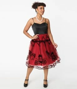 Unique Vintage Black & Burgundy Carousel Bertie Swing Dress New Arrivals!