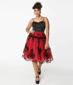 Unique Vintage Black & Burgundy Carousel Bertie Swing Dress New Arrivals!