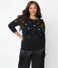 Unique Vintage Plus Size Black & Rainbow Bobble Minou Sweater Clothing