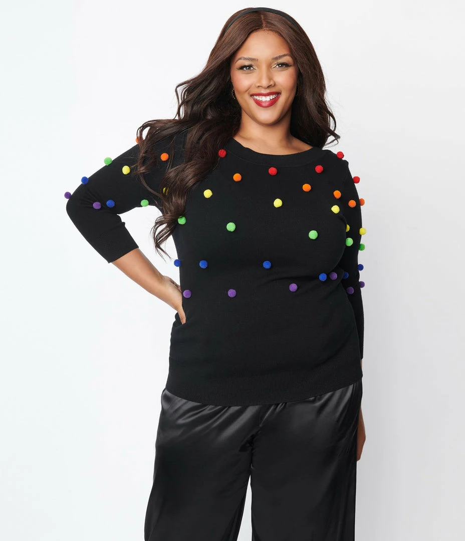 Unique Vintage Plus Size Black & Rainbow Bobble Minou Sweater Clothing