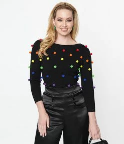 Unique Vintage Black & Rainbow Bobble Minou Sweater Clothing