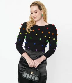 Unique Vintage Black & Rainbow Bobble Minou Sweater Clothing