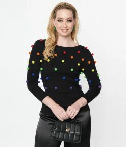 Unique Vintage Black & Rainbow Bobble Minou Sweater Clothing
