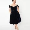 Unique Vintage Plus Size Navy Velvet Prairie Swing Dress Clothing