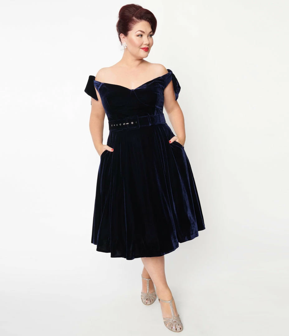 Unique Vintage Plus Size Navy Velvet Prairie Swing Dress Clothing