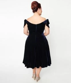 Unique Vintage Plus Size Navy Velvet Prairie Swing Dress Clothing