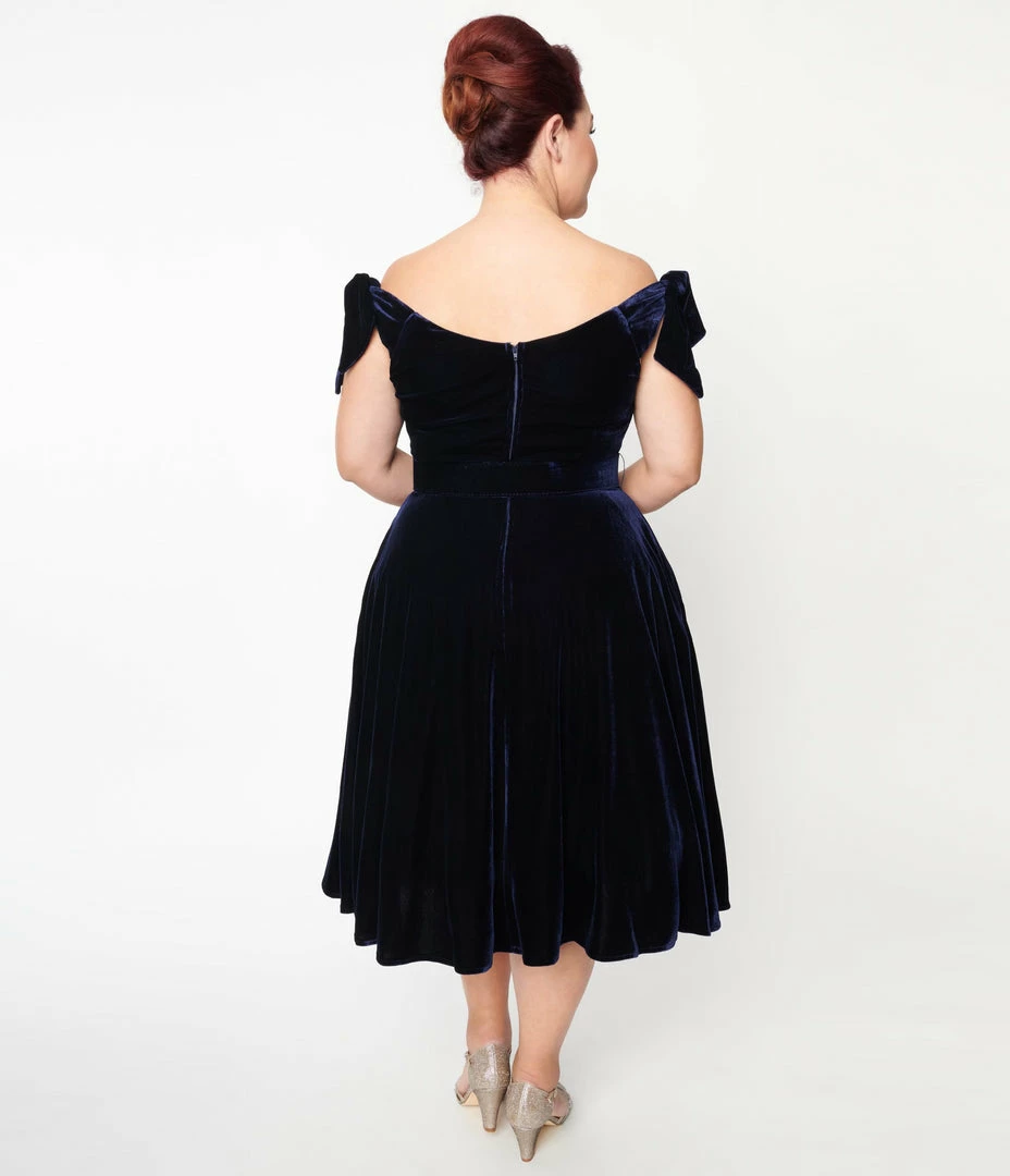 Unique Vintage Plus Size Navy Velvet Prairie Swing Dress Clothing
