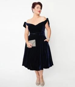 Unique Vintage Plus Size Navy Velvet Prairie Swing Dress Clothing