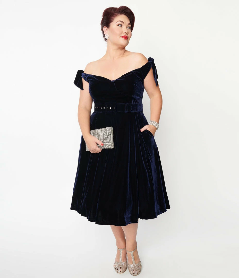 Unique Vintage Plus Size Navy Velvet Prairie Swing Dress Clothing