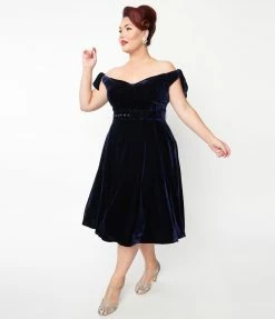 Unique Vintage Plus Size Navy Velvet Prairie Swing Dress Clothing