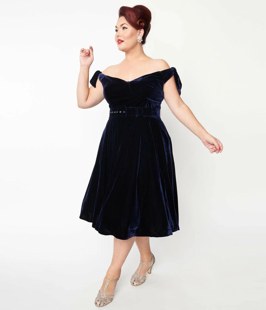 Unique Vintage Plus Size Navy Velvet Prairie Swing Dress Clothing