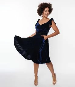 Unique Vintage Navy Velvet Prairie Swing Dress