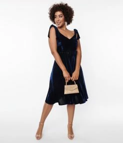 Unique Vintage Navy Velvet Prairie Swing Dress