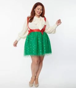 Unique Vintage Plus Size Green & Multi Polka Dot Tulle Suspender Mini Skirt Clothing