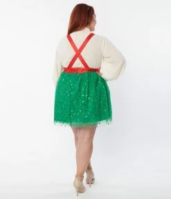 Unique Vintage Plus Size Green & Multi Polka Dot Tulle Suspender Mini Skirt Clothing