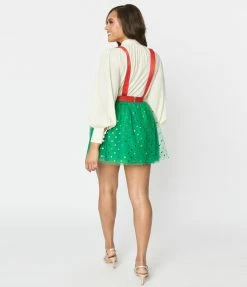 Unique Vintage Green & Multi Polka Dot Tulle Suspender Mini Skirt Clothing